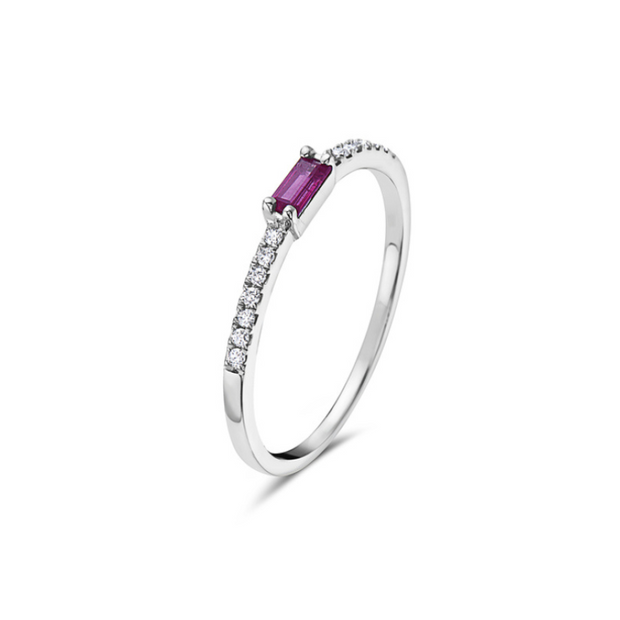 14K White Gold Ruby Baguette and Diamond Ring
