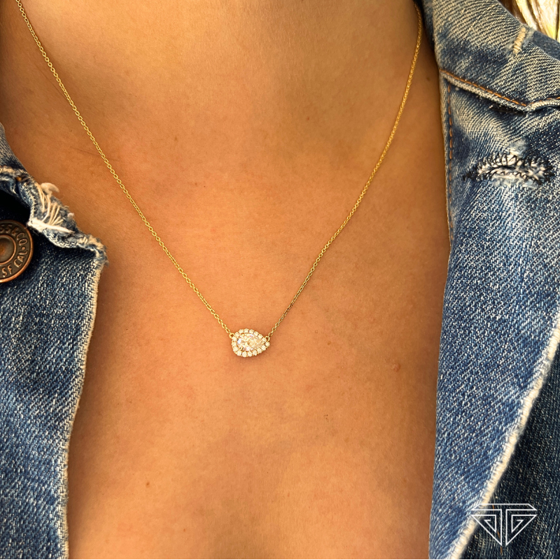 14K Yellow Gold Lab Grown Diamond Halo East West Pear Pendant