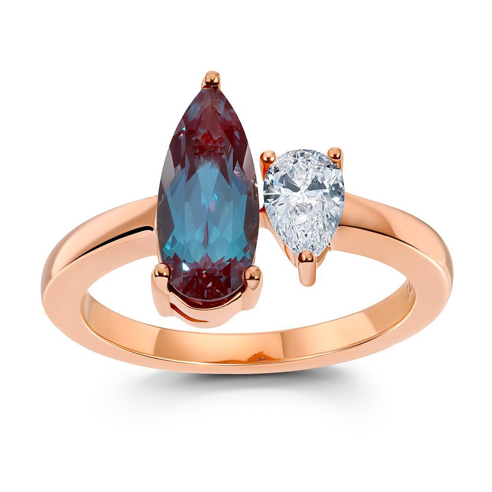 14K Rose Gold Chatham Lab Grown Pear Alexandrite Diamond Ring