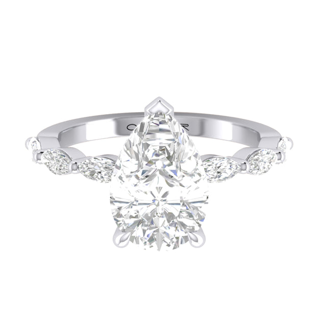 14K White Gold 3Ct. Pear and Marquise Diamond Hidden Halo Engagement Ring