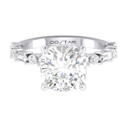 14K White Gold 3Ct. Cushion Cut With Baguette and Round Diamonds Engagement Ring