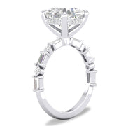 14K White Gold 3Ct. Cushion Cut With Baguette and Round Diamonds Engagement Ring