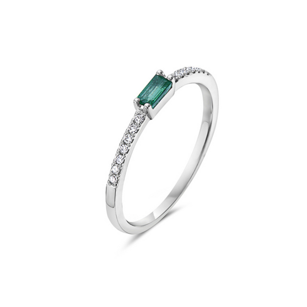 14K White Gold Emerald Baguette and Diamond ring