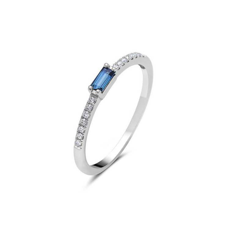 14K White Gold Blue Sapphire Baguette and Diamond Ring