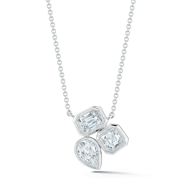 18K White Gold Emerald, Pear & Asscher Diamond Cluster Necklace, .60CTW