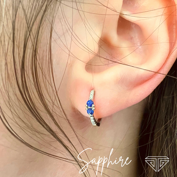 14K White Gold Diamond and Blue Sapphire Hoop Earrings