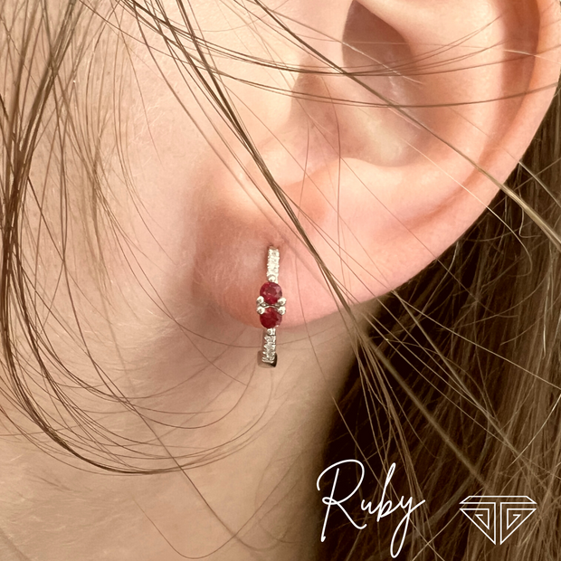 14K White Gold Diamond and Ruby Hoop Earrings