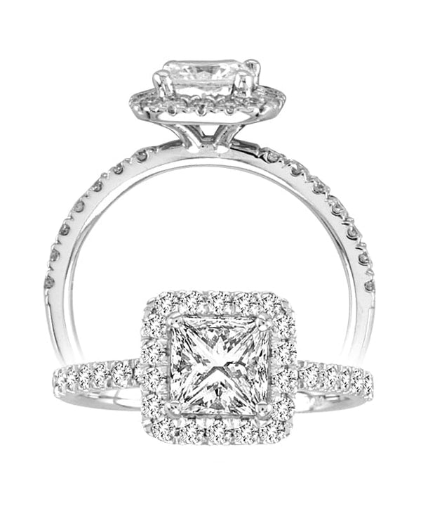 14K WHITE GOLD PRINCESS CUT DIAMOND HALO ENGAGEMENT RING