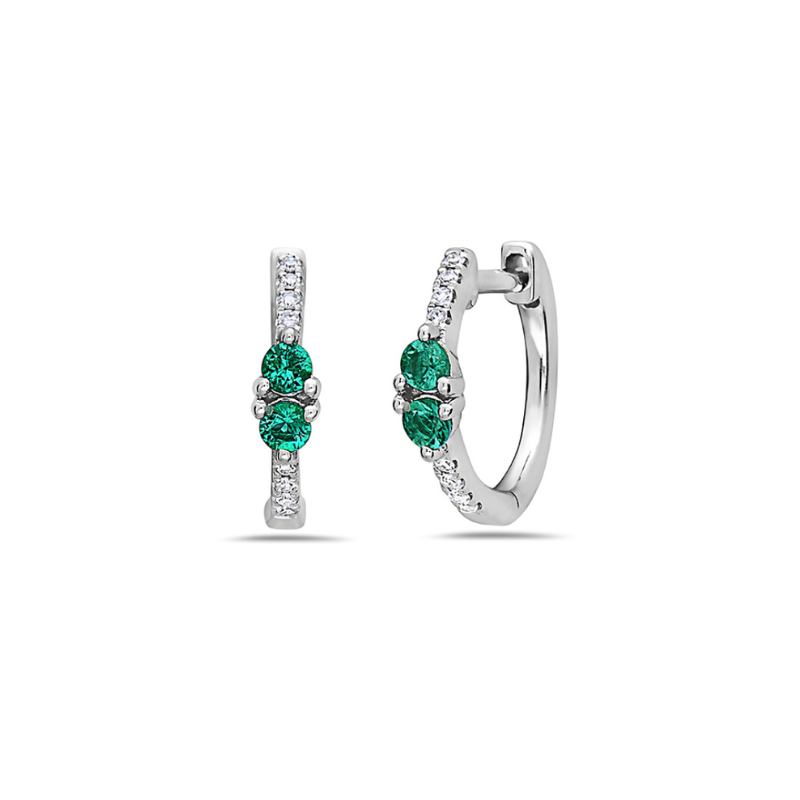 14K White Gold Diamond and Emerald Hoop Earrings
