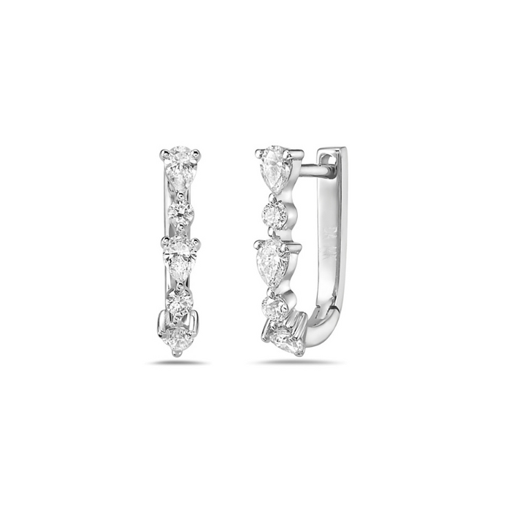 14K White Gold Round and Pear Diamond Huggie Earrings, .35ctw
