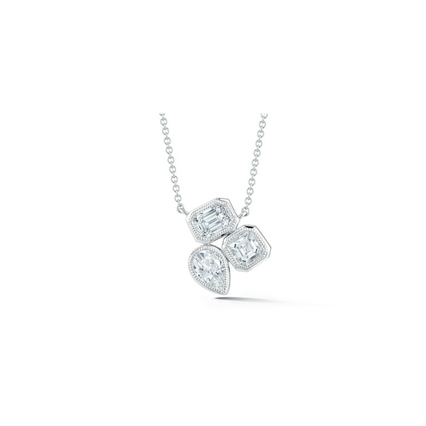 18K White Gold Emerald, Pear & Asscher Diamond Cluster Necklace, .60CTW