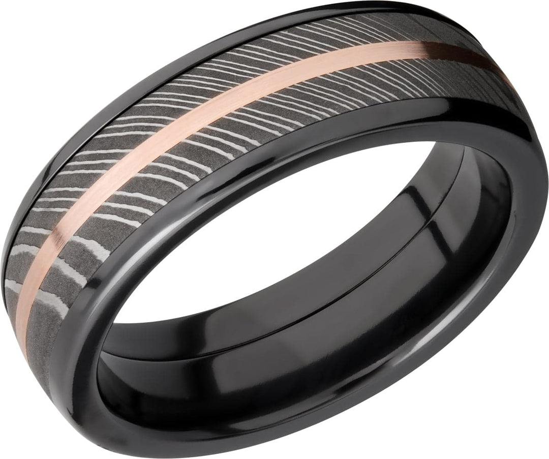 Lashbrook Zirconium Damascus Steel/14k Rose Gold Wedding Band