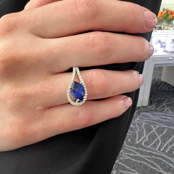 14k White Gold  Chatham Lab Grown Blue Sapphire Diamond Ring
